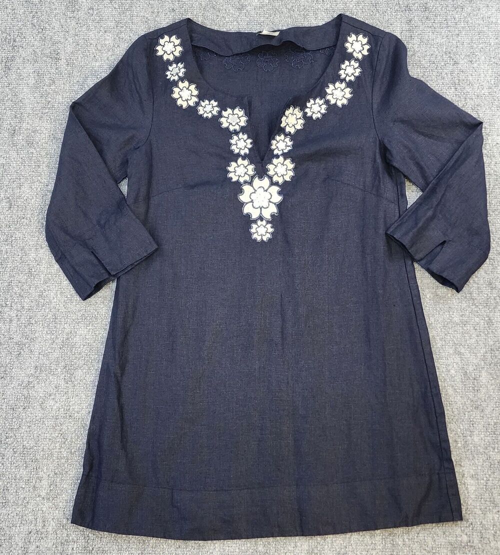 J Crew Top Womens 0 Blue Navy Linen Embroider Sequin Pullover Boho Coastal Y2K